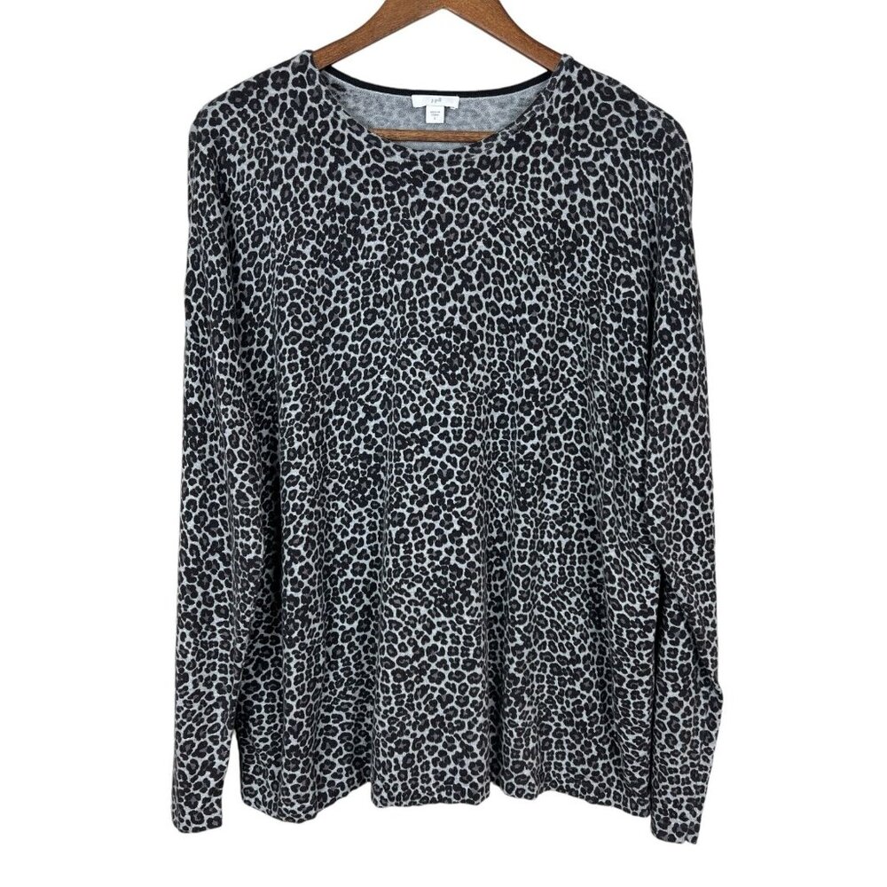 J. Jill Sweater Top Large Gray Leopard Animal Print Long Sleeve Lightweight Knit